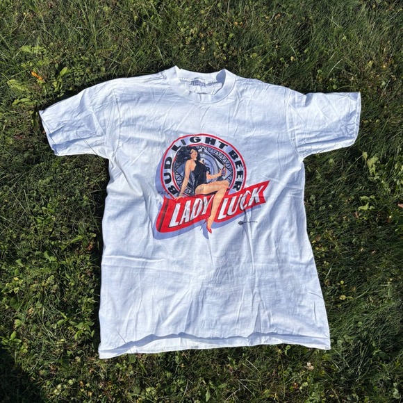 Vtg 90s Bud Light Lady Luck Beer White Graphic T Shirt XL USA Made Single Stitch - Picture 1 of 9